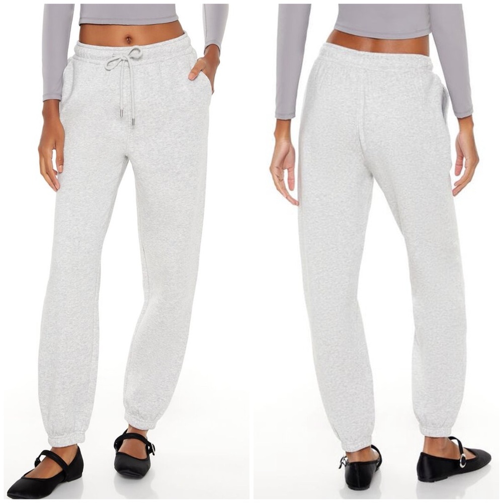 FOREVER 21 FLEECE DRAWSTRING JOGGERS in Heather Gray